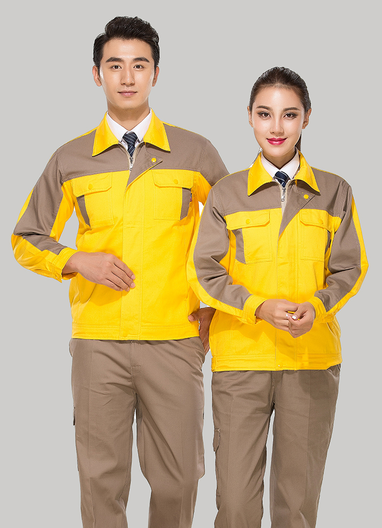 全棉纱卡黄色拼灰色拉链式工作服长袖套装GZ-QM8018