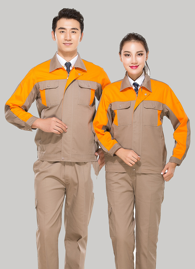 合肥全棉工作服定做款式灰色拼桔黄色长袖套装GZ-8017