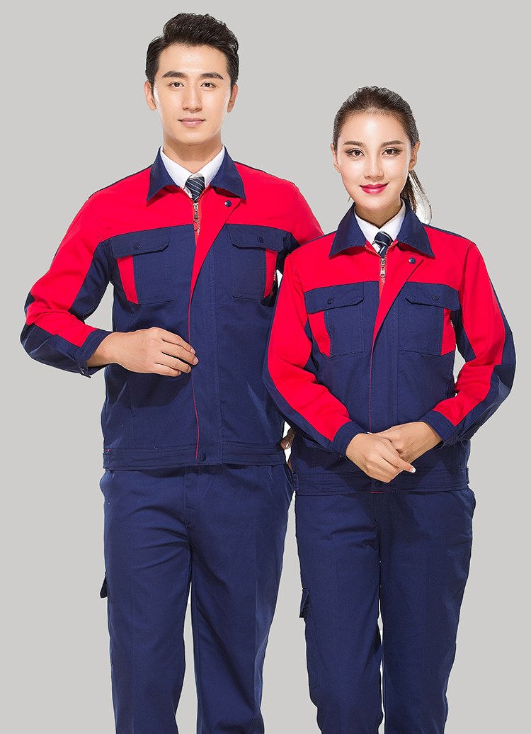 凤台县工作服定做厂家定制工服款式全棉藏青色拼红色套装GZ-8019